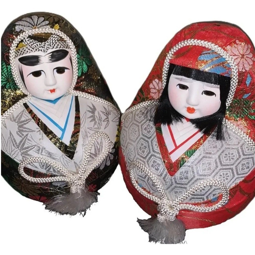 Japanese Kimono Hime Daruma Princess & Nishiki Daruma Prince 8.5" Hina Dolls Set
